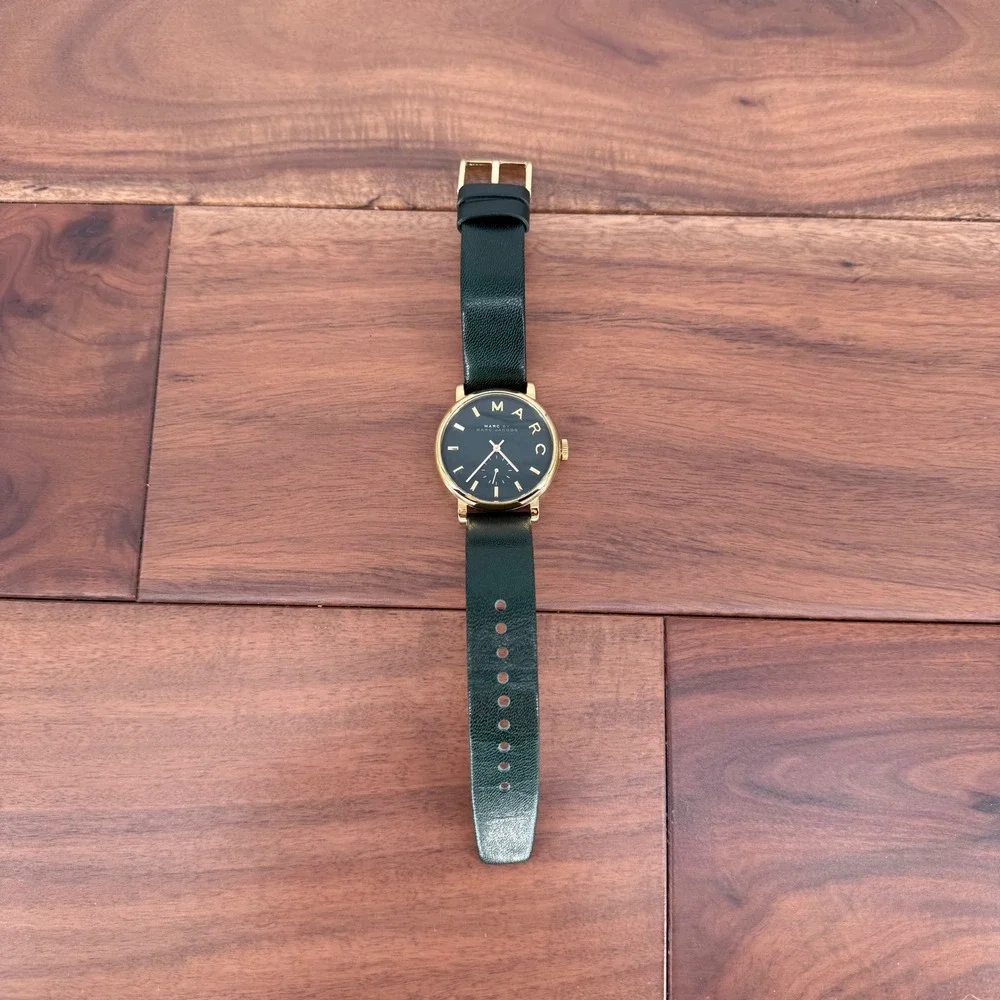 Marc by‎ Marc Jacobs Gold Tone Green Leather Band Watch Black Face